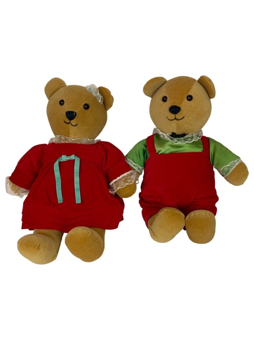 Vintage Dakin Mr & Mrs Christmas Plush Bears 1984 Red Green Outfits Lace Details